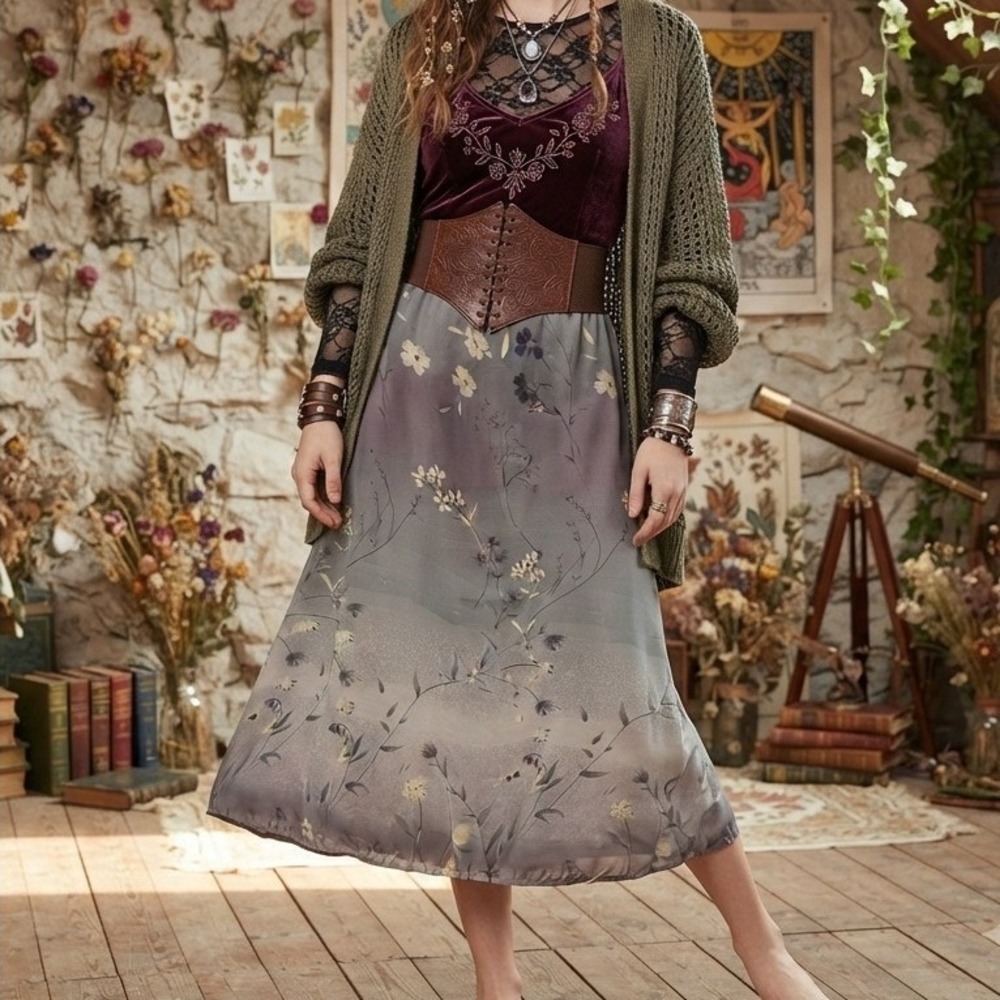 vtg y2k women maxi Skirt 3x gray Floral Chiffon Sheer fairycore whimsigoth